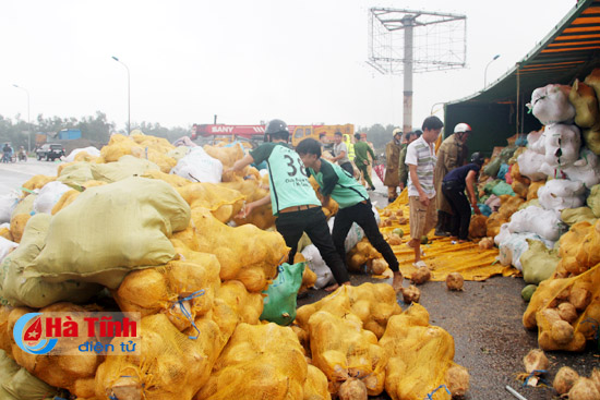 Lật xe container, người dân Thạch Hà giúp tài xế thu gom dừa đổ tràn đường