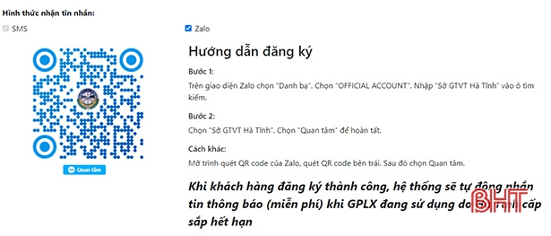 Sở GTVT Hà Tĩnh thông báo thời hạn giấy phép lái xe, giấy phép thi công qua Zalo, tin nhắn SMS