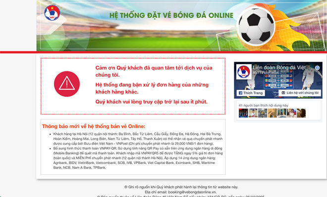 Trang đặt vé online trận Việt Nam vs Philippines tê liệt ngày mở bán
