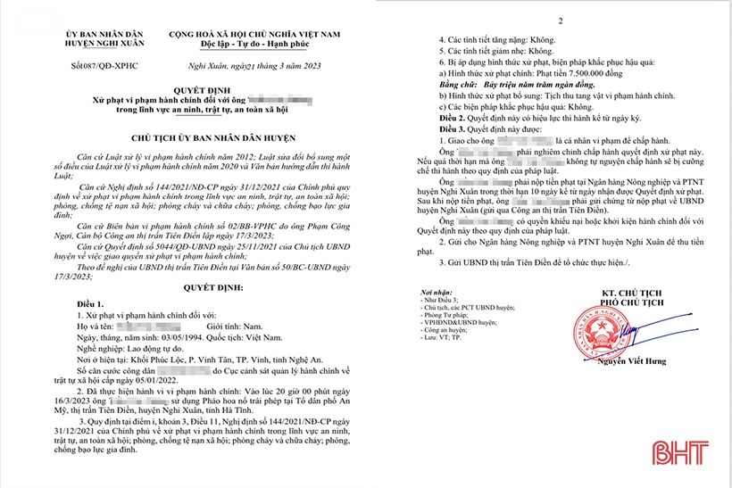 “Chơi” pháo trái phép ở Nghi Xuân, bị xử phạt 7,5 triệu đồng
